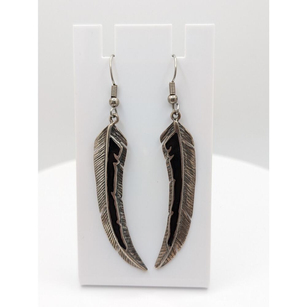 Vintage Southwest Sterling Silver and Enamel Feather Hook Back Earrings